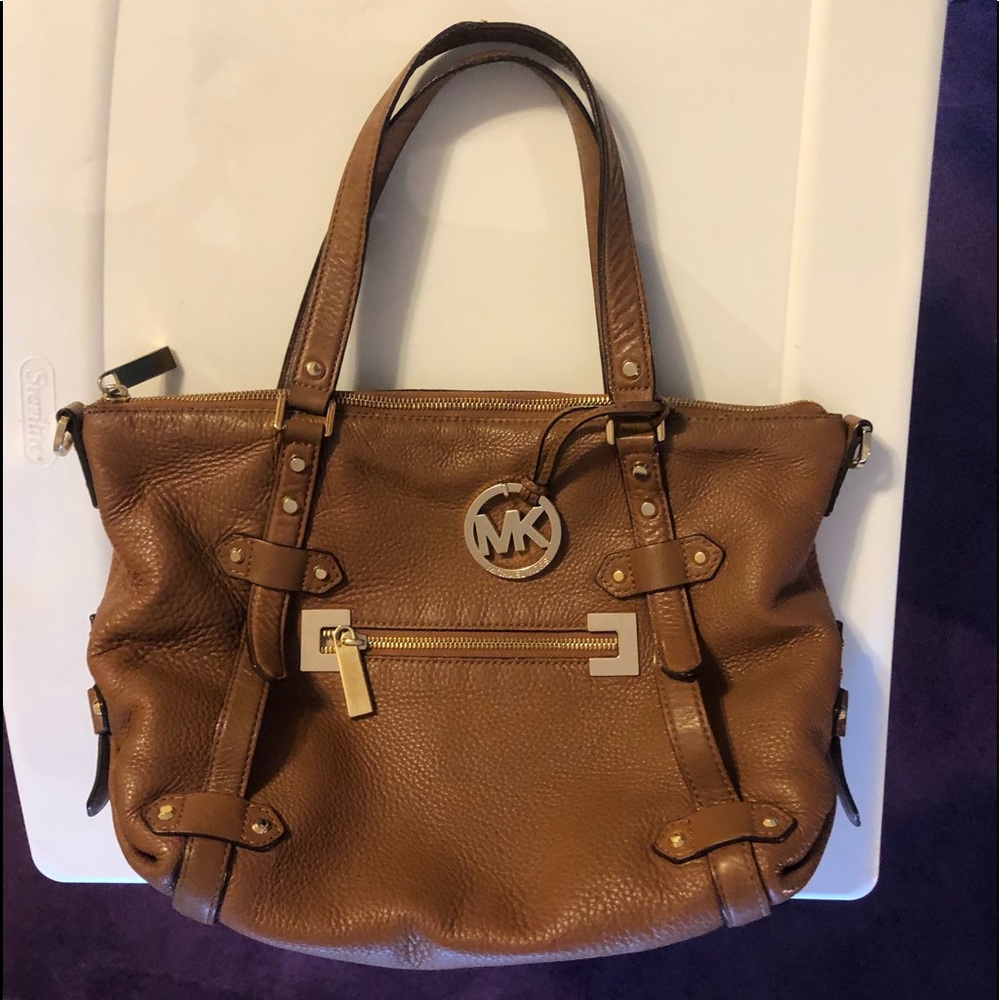 LARGE MICHAEL KORS BEDFORD COGNAC PEBBLE LEATHER DOME CONVERTIBLE SATCHEL XBODY